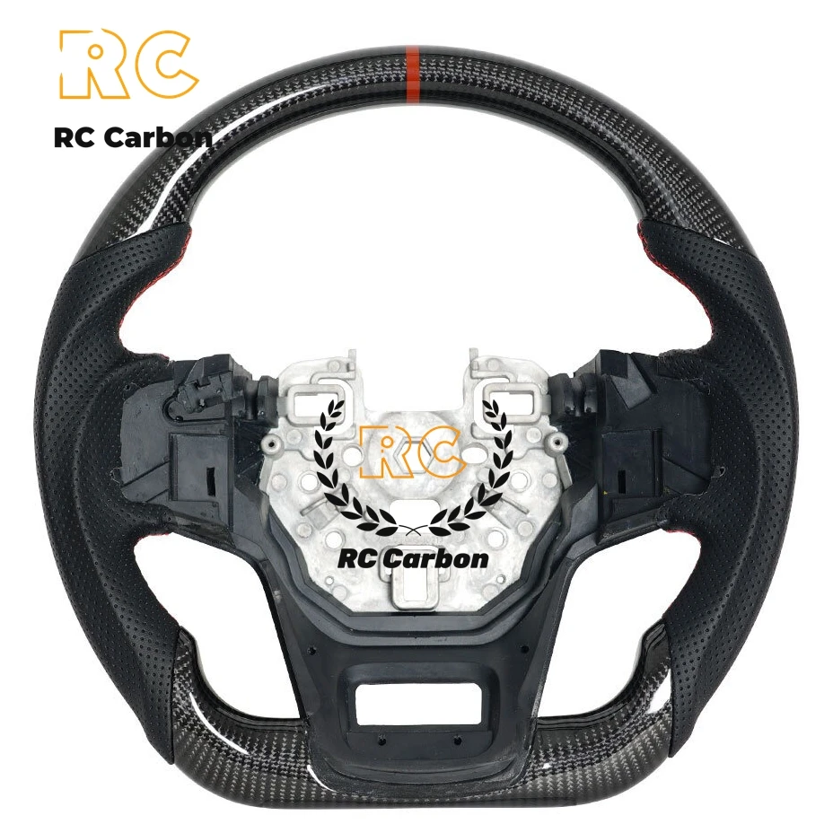 Real Carbon Fiber Steering Wheel Flat Sport Perforated Leather For Ford Bronco 2021 2022 2023 2024 Racing Sport Red Stripe