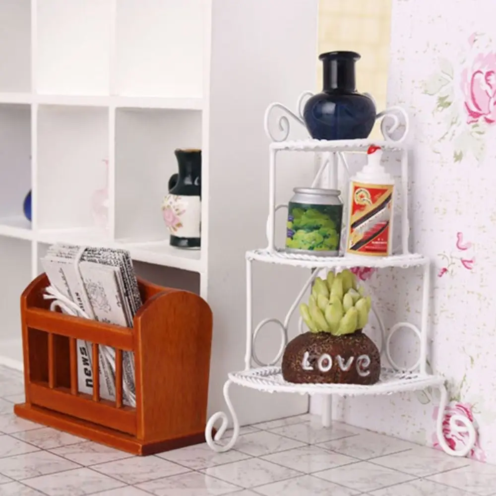 ขาตั้งกล้องชุดตุ๊กตาชั้นวางเหล็กขาตั้งดอกไม้เครื่องประดับ Miniature Storage Rack 1:12 โลหะจําลอง Wrought Iron Pretend Play