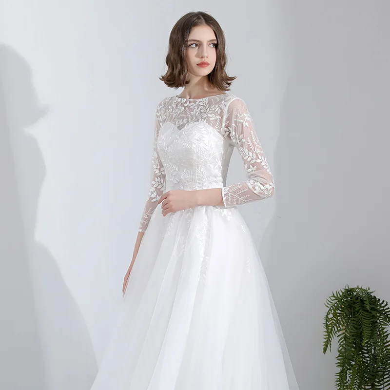 2025 Elegant A-Line Wedding Dress Scoop Long Sleeves Illusion Lace Appliques Tulle Bridal Bride Gowns Vestidos De Noiva