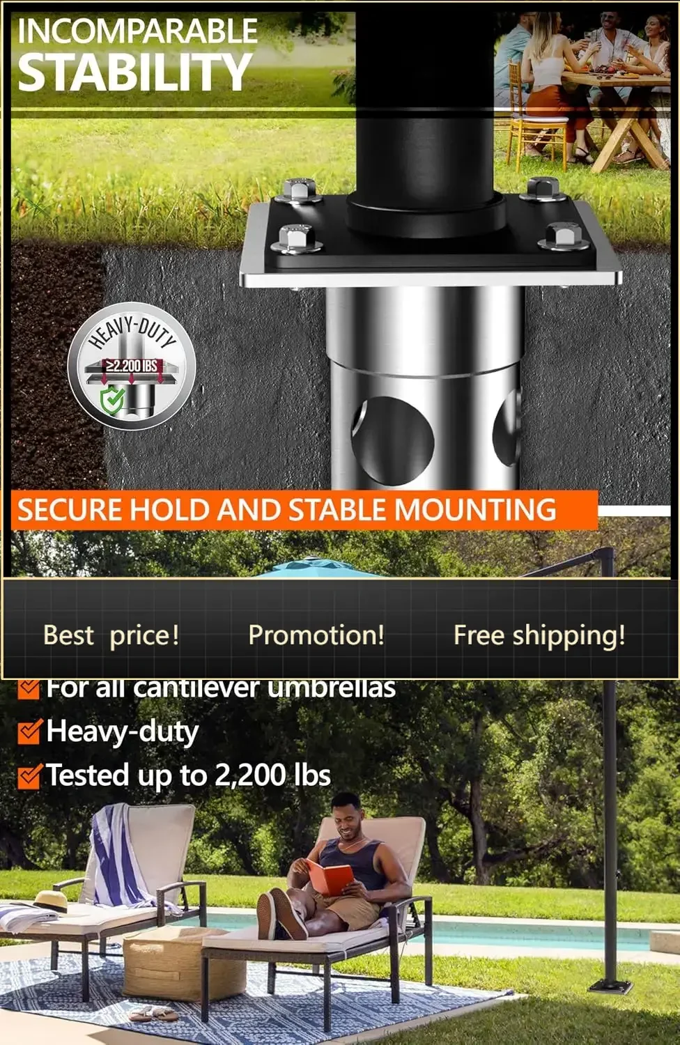 In-ground umbrella base, stainless steel - In-ground umbrella holder, lifelong quality - Umbrella stand outdoor base, load