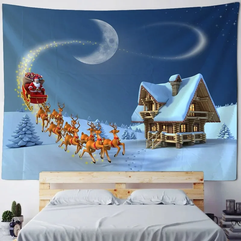 VIKAMA Christmas Tapestry Santa Claus Reindeer Sleigh Moon Snow Cabin Xmas Tree Wall Hanging Backdrop for Holiday Decor