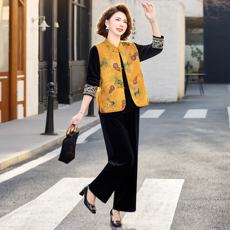 

New Chinese Sle Tee-Piece Set Gold Velvet Faionable Top for Middle-Aged And ly Women Spring Autumn Outerwear Jaet