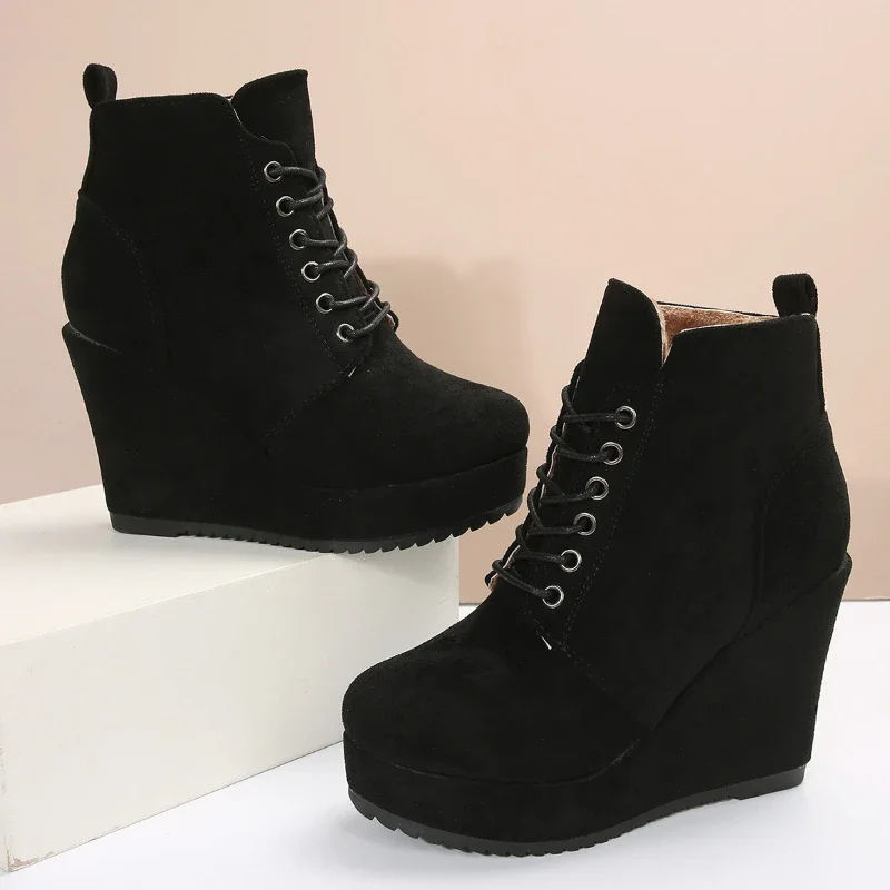 Womens Wedges short Boots 2024 High Heels12CM Flock Fashion Lace Autumn Winter Quality Shoes woman Ankle boots rise sexy botas