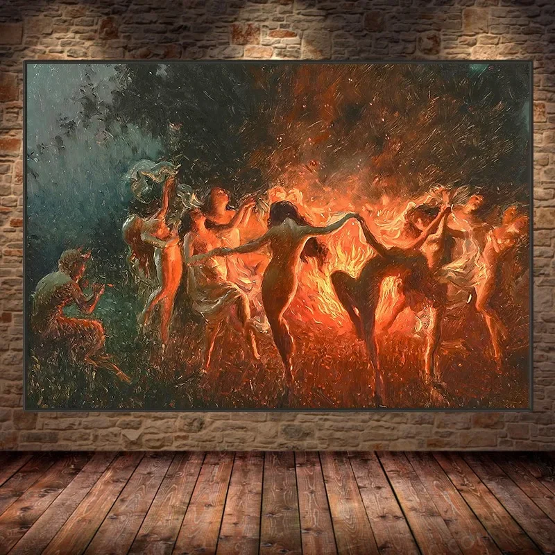 Witch Magic Fairy Fire Dance, Large Vintage Wall Art. HD Canvas Print Poster, Home, Living Room, Room, Entryway Decoration