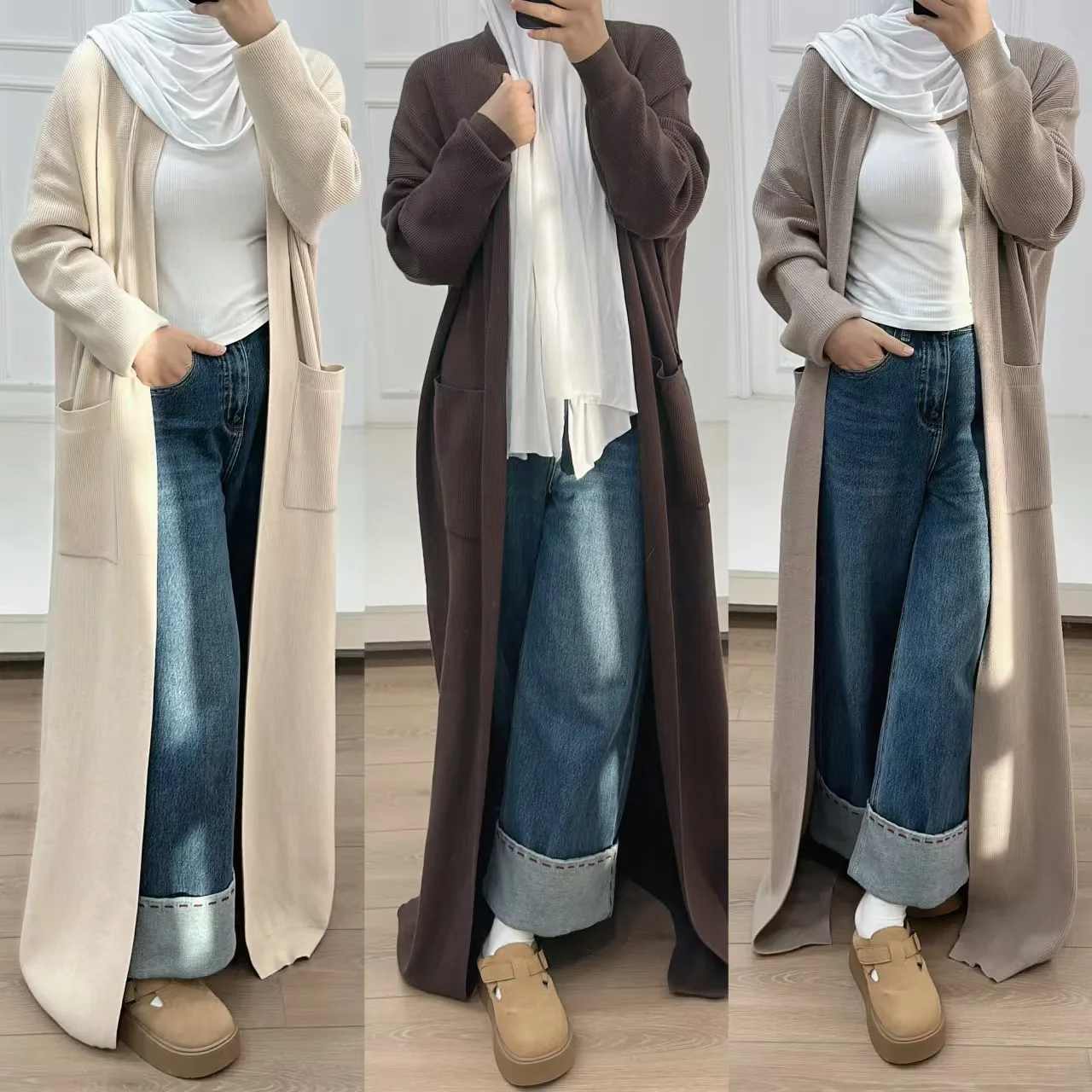 

Winter Knitted Muslim Sets for Women Kimono Cardigan 2 Piece Dress Dubai Kaftan Abaya Turkey Robe Islamic Clothing Outfits Suit