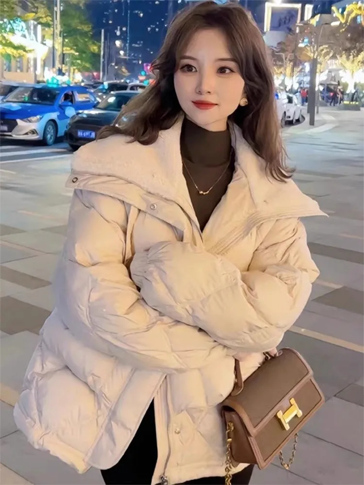 Winter Thickened Casual Cotton Jacket Women's Fashionable Pure Color Fur Collar Large Pocket Zipper Outerwear Trendy Coat
