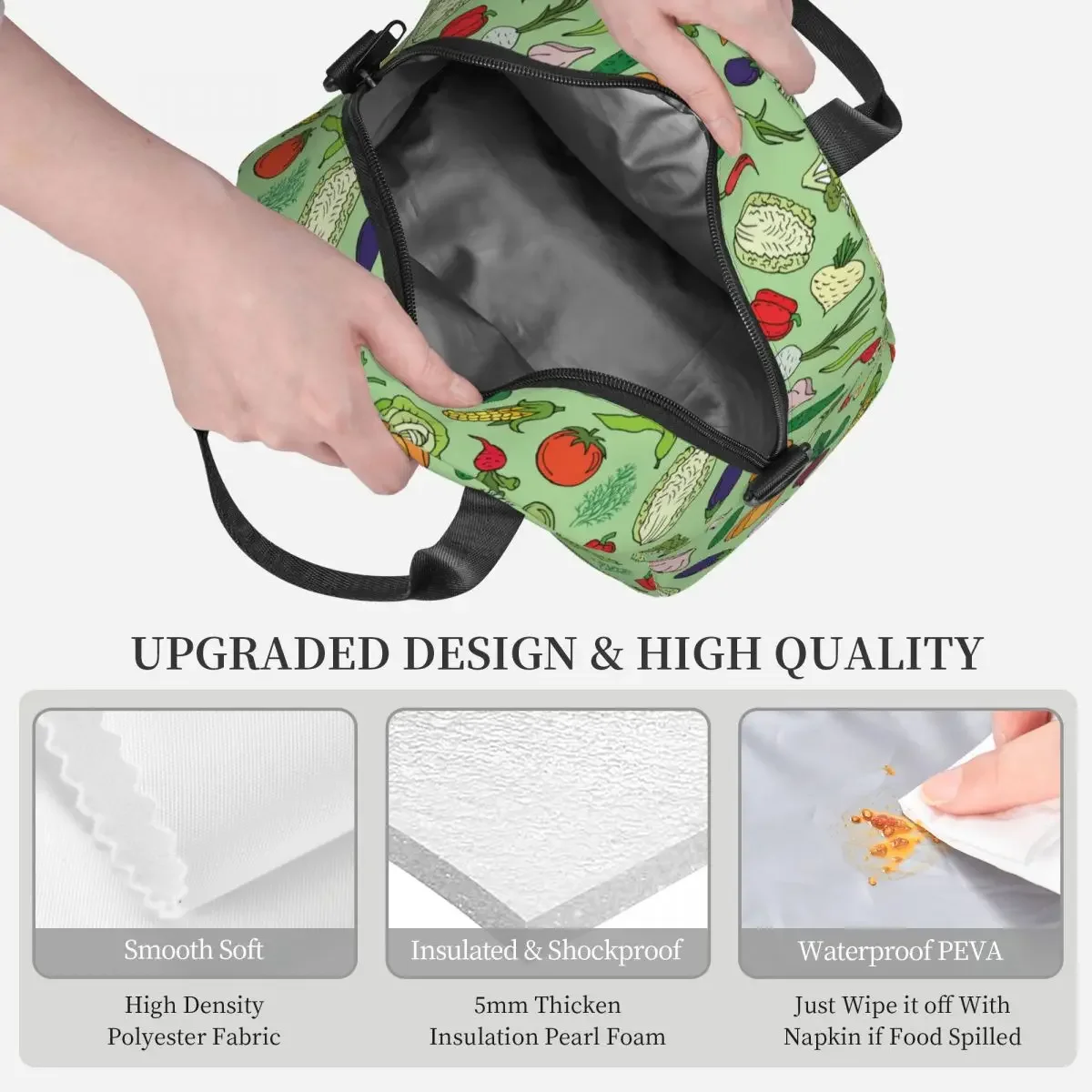 Cartoon Doodle Vegetables Insulated Lunch Bag With Adjustable Shoulder Strap Food Container Capacity Thermal Cooler Lunch Boxes