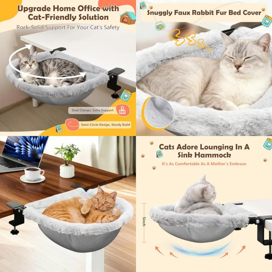 

X- Cat Desk Bed 19"x15" Spacious Retreat, Dual Clamps and Sunken Hammock Design, Comfy Cat Desk Hammock with Faux Rabbit Fur Co