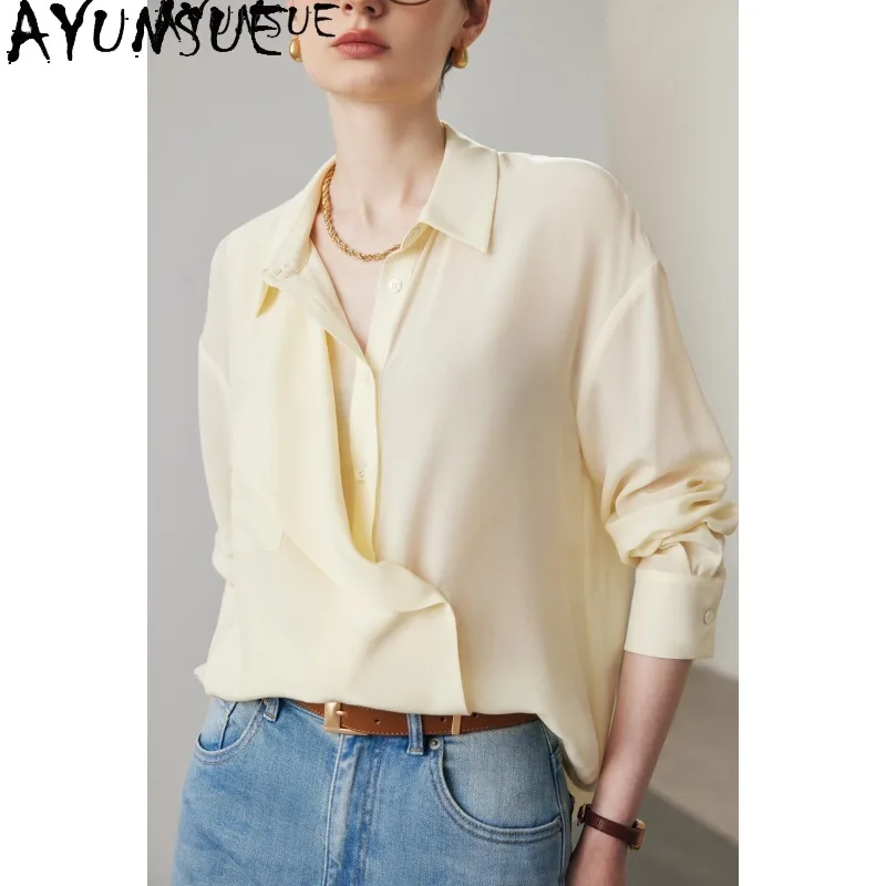 

AYUNSUE 100% Natural Mulberry Silk Women's Blouses and Shirts Solid Color Shirt Spring Commuting Tops for Woman Clothes Camisas