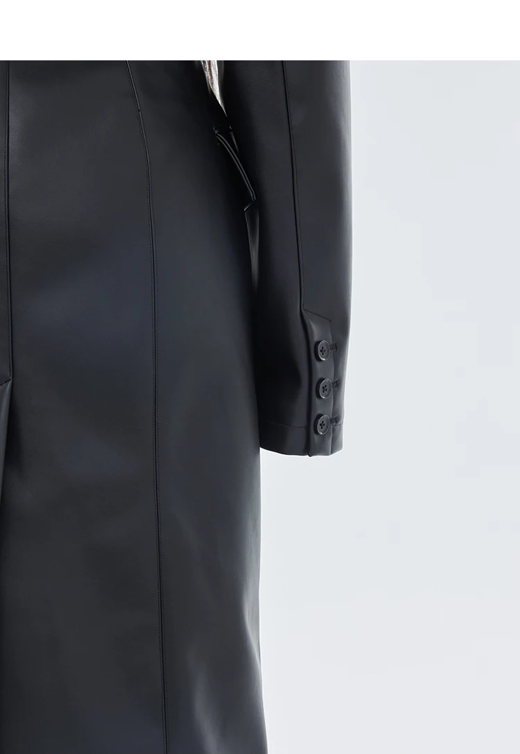 Lautaro Spring Autumn Long Black Fitted Soft Pu Leather Trench Coat for Women with Shoulder Pads Luxury Designer Clothing 2023