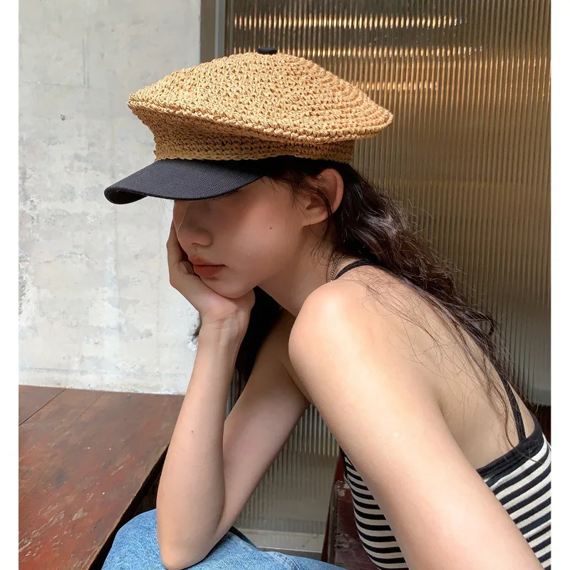 

【French Romance】Handmade Crochet Octagonal Hat for Women Summer Vacation Patchwork Personality Navy Hat