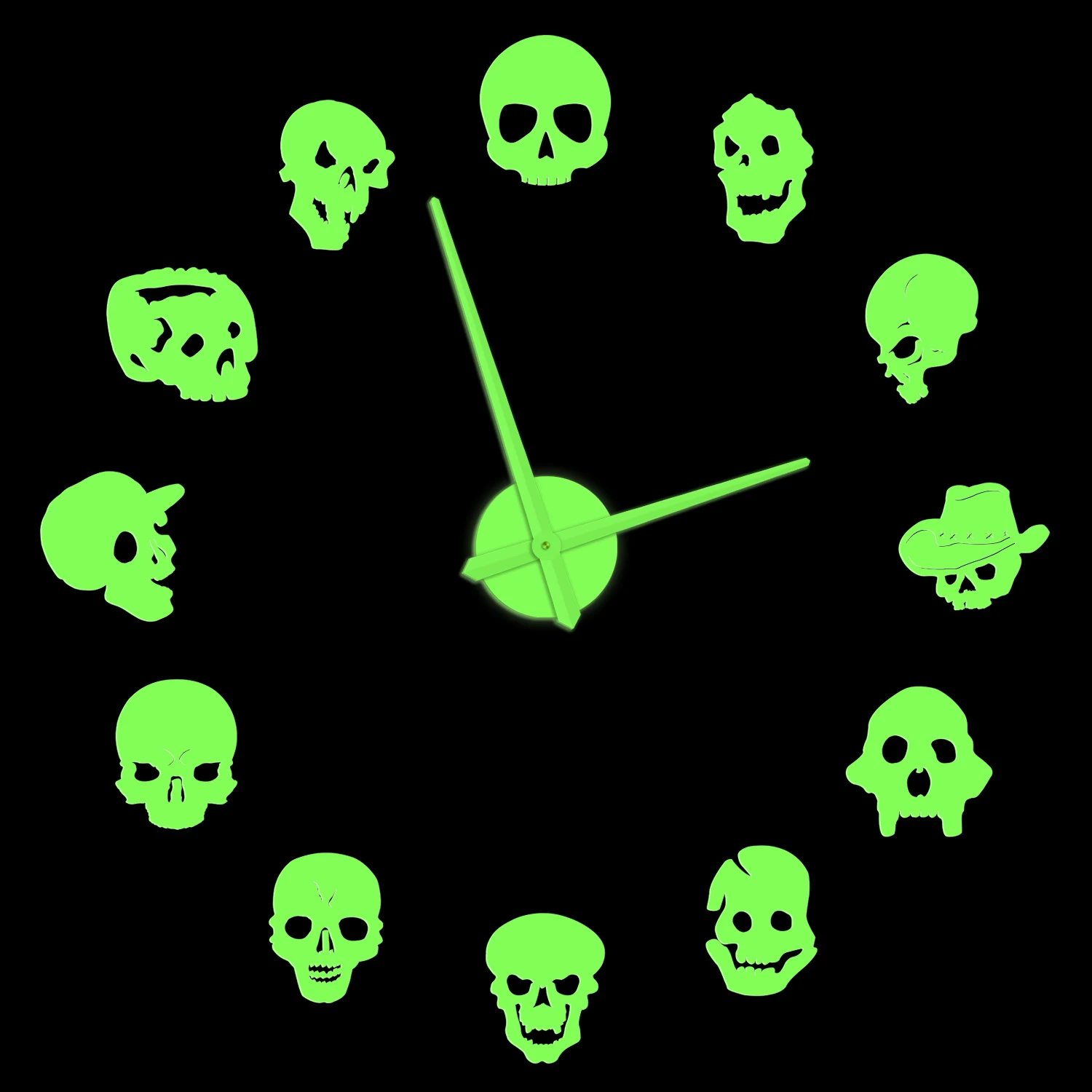 Different Skull Heads DIY Horror Wall Art Giant Wall Clock Big Needle Frameless Zombie Heads Large Wall Watch Halloween Decor