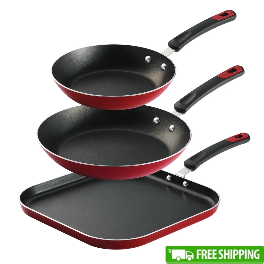 

3 Piece Aluminum Nonstick Fry Pan Griddle Set Ergonomic Handles Quick Heat Distribution Dishwasher Safe Cookware Red Finish