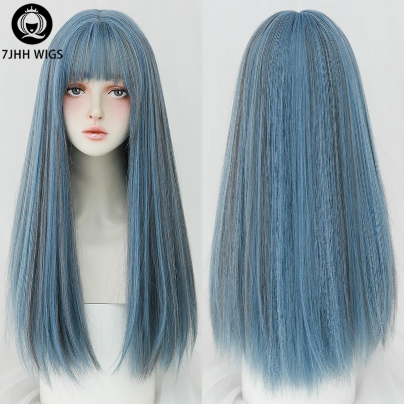 7JHH WIGS Long Straight Wigs With Bang For Women Omber Blue Synthetic Crochet Hair African American Favorite Female Full Wig