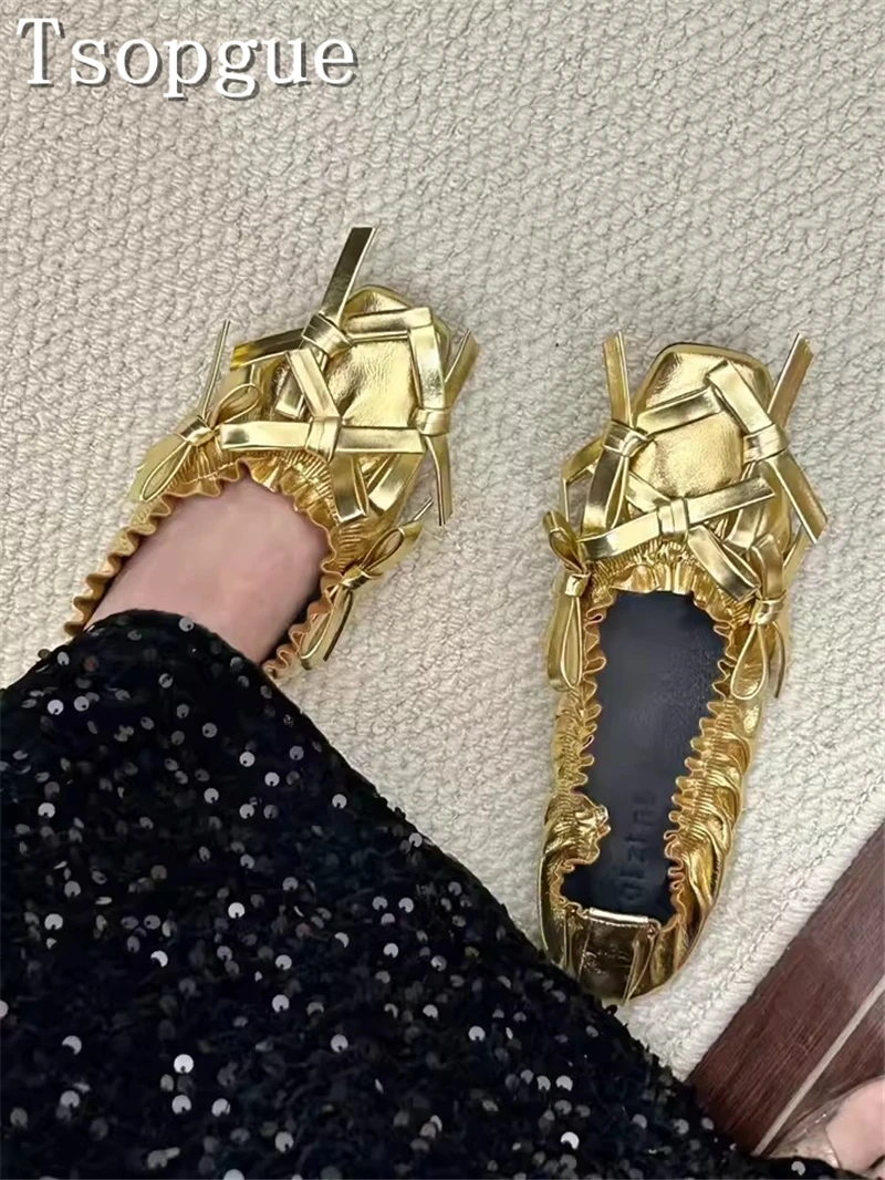 

Golden Butterfly Knots Pleated Women Flats Designer New Square Toe Shallow Mouth Slip On Single Shoe Casual Dress Comfort Shoes