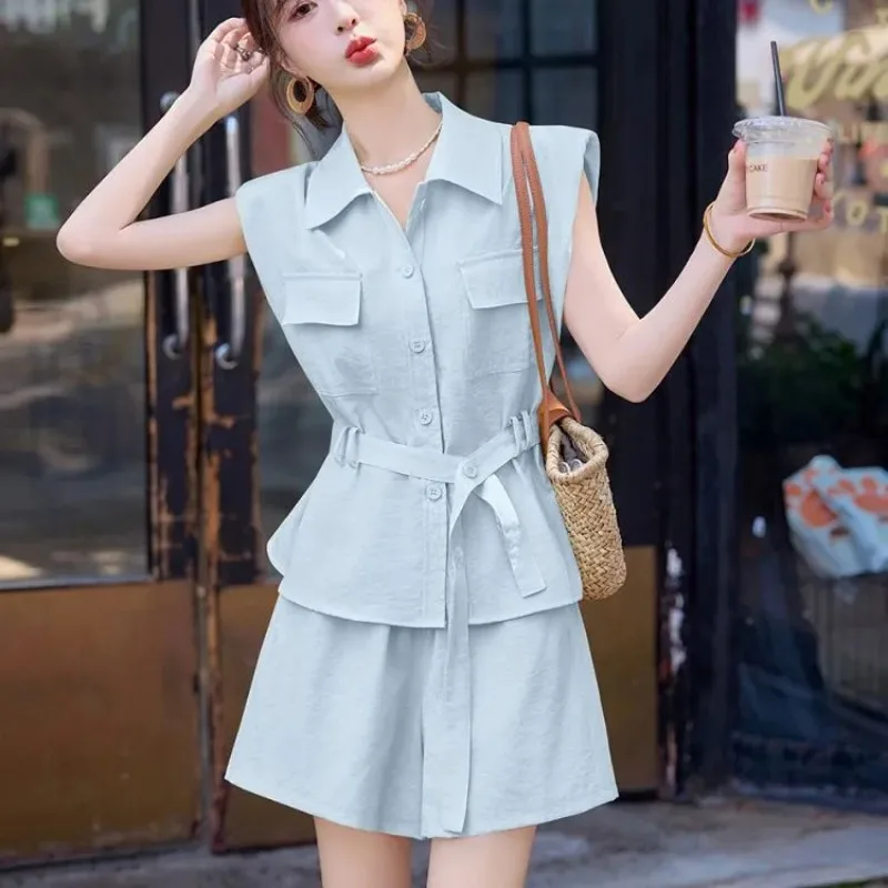 

Women's Casual Workwear Sleeveless Belted Top and Shorts 2 Piece Summer Outfit