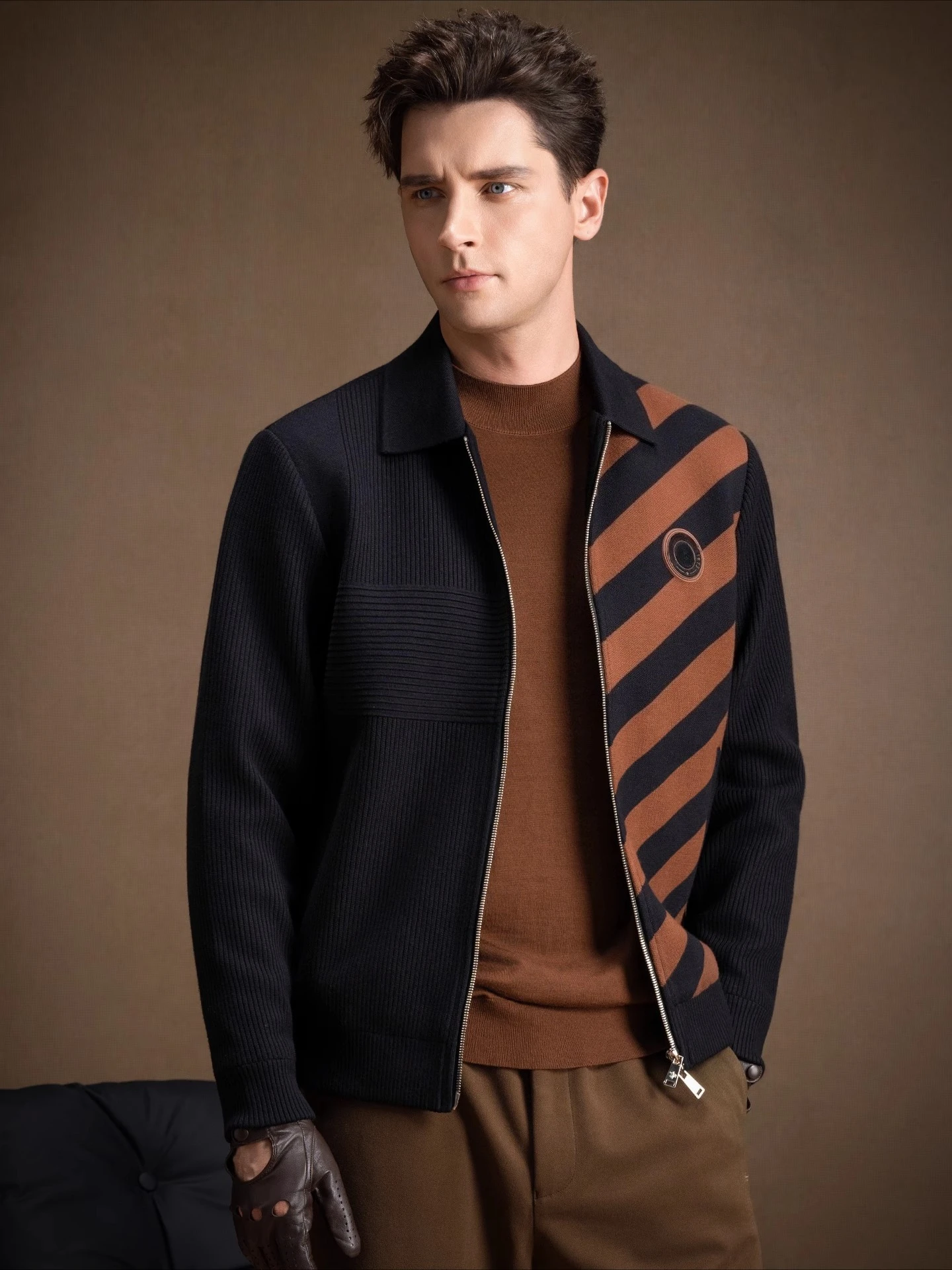 Spring and Autumn New Men's Jacket, High End Fashion Collar Casual Zipper Striped Knitted Jacket