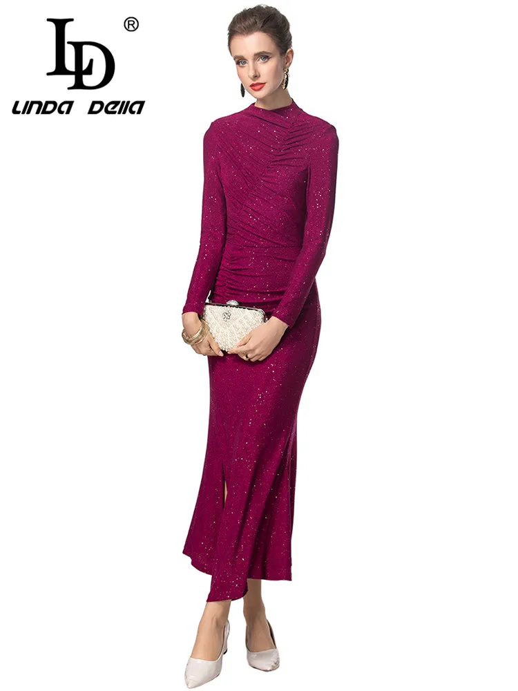 LD LINDA DELLA Autumn and Winter Women\'s Pencil Dress Long-Sleeved Pretty Slim-Fit Hip Wrap Evening Prom Purple red Dresses