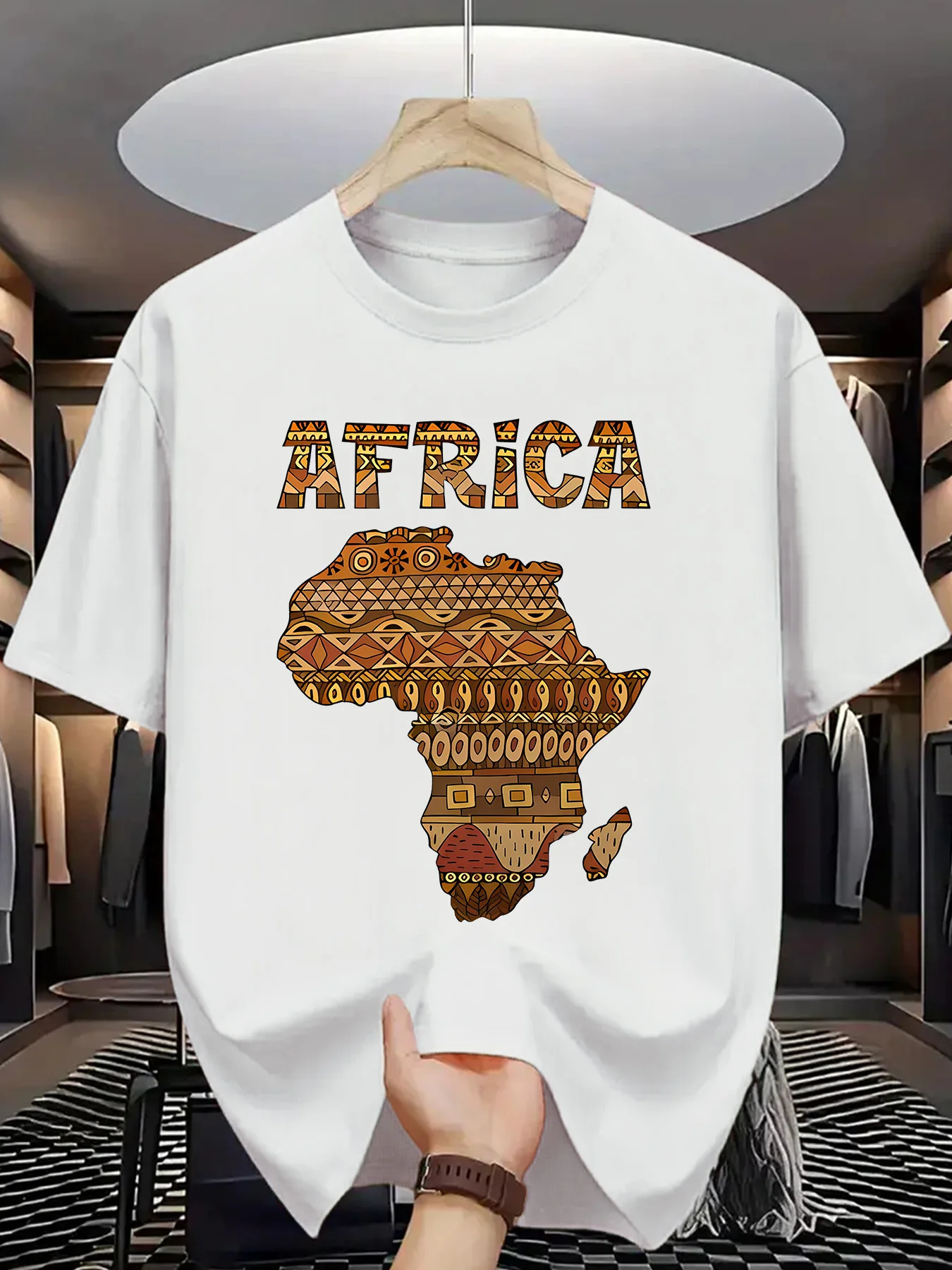 

Men's African Tribal Print T-Shirt with Africa Map & Continent Outline - Short Sleeve Crew Neck Casual Summer Top