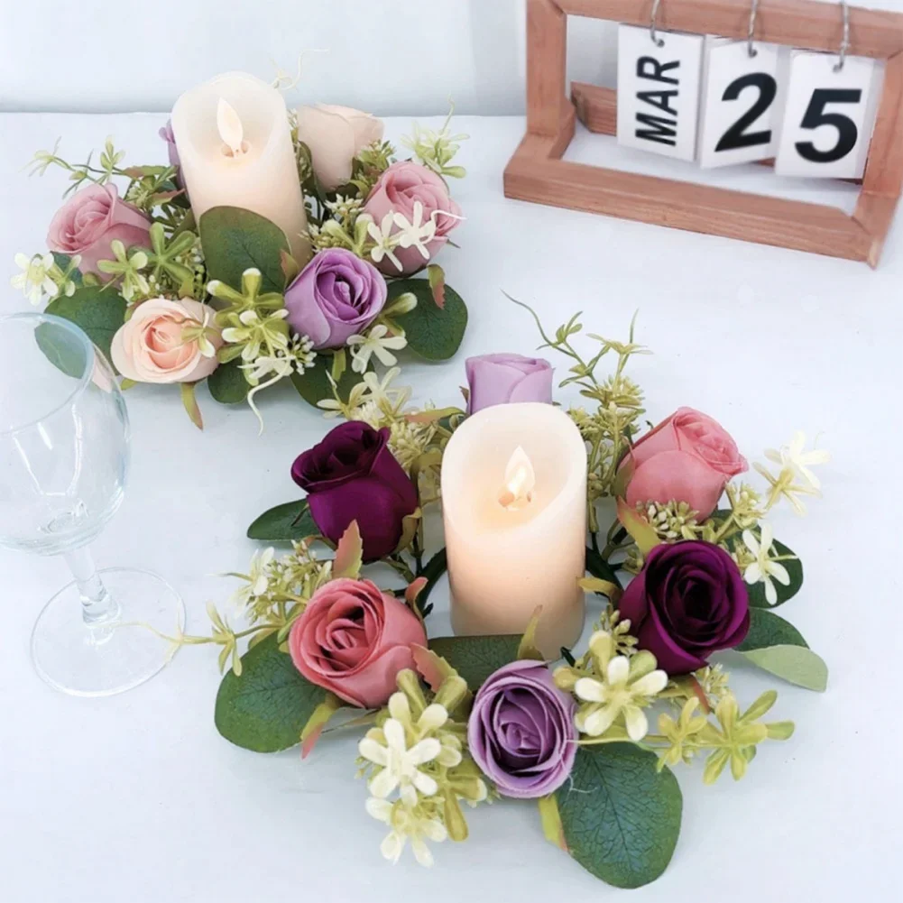 Candle Holder Rings Candlestick Artificial Rose Wreath Christmas Decorations  Garland Candle Holder for Wedding Table Decoration