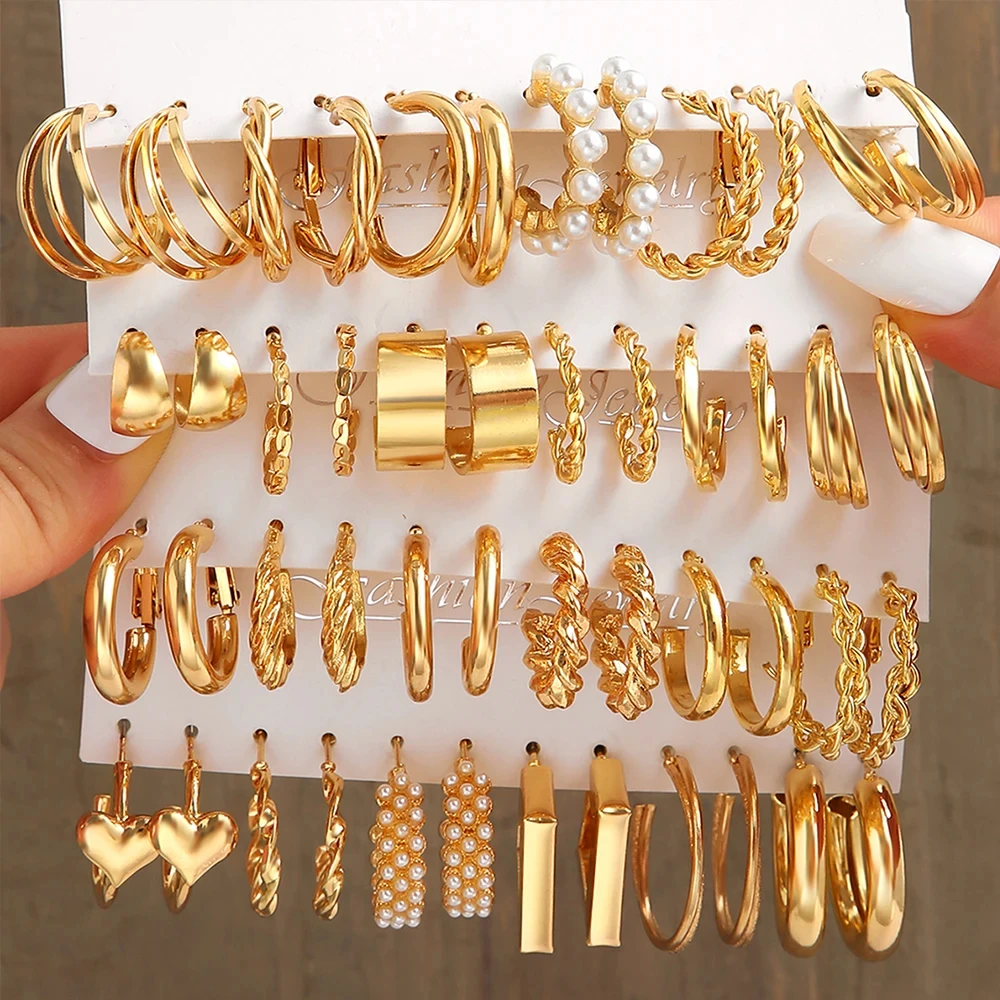 

4 комплекта в упаковке: винтажные металлические серьги-кольца золотистого цвета для женщин и девушек, геометрические серьги в форме сердца, C-образные, круглые, набор украшений