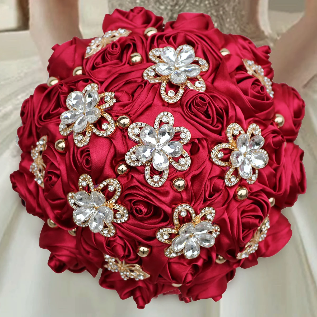 Classic Bride Satin Red Rose Wedding Bouquet Hand Luxury Rhinestone Pearl Bridesmaid Wedding Decoration Eternal Bouquet