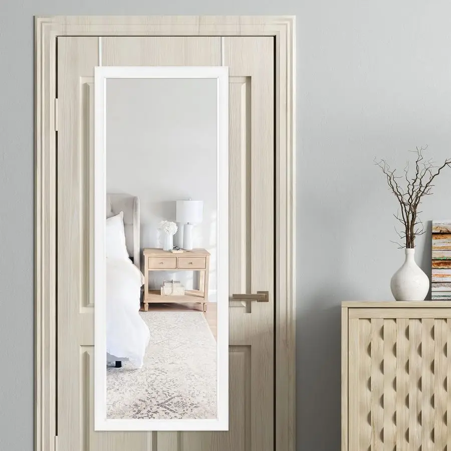 

Зеркало напольное прямоугольное 51x18 дюймов, на дверь, с изящной белой рамой, экономит место, для примерки, настенное, подвесное
