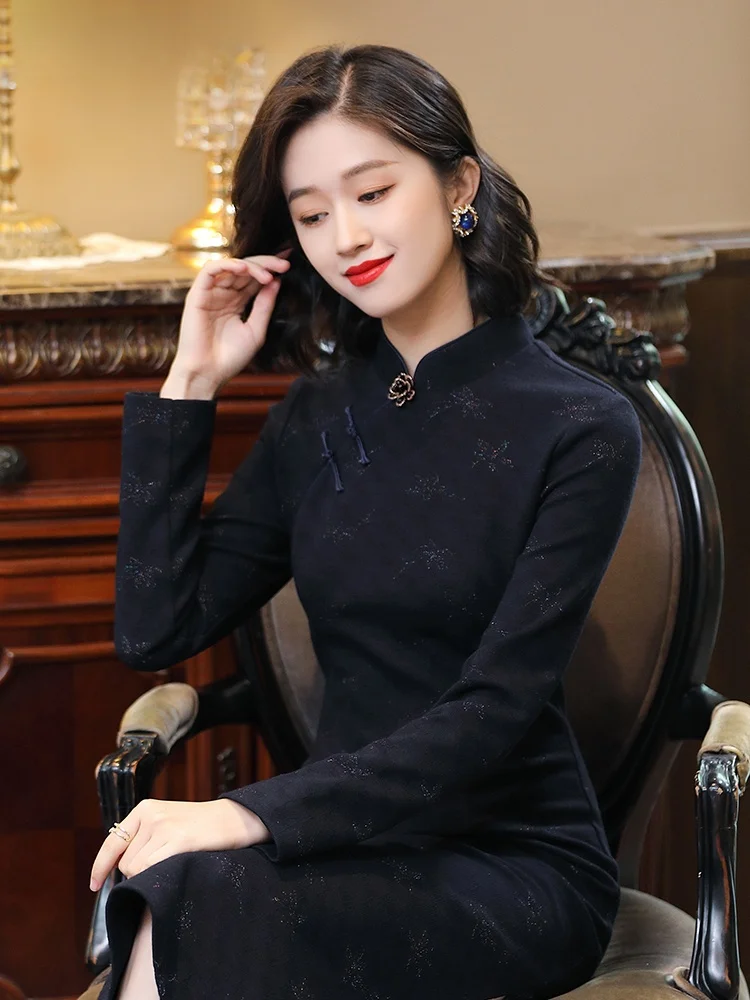 

Платье Dorabana в китайском стиле, с длинными рукавами, ретро-версия, улучшенная модель для повседневной носки, миди-длина, круглый воротник