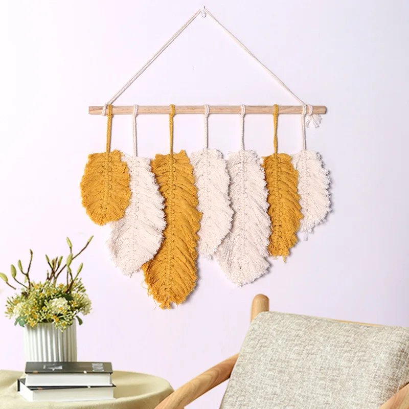 

Nordic wall decoration handmade woven leaf tapestry Amazon ins cotton rope woven feather background wall tapestry