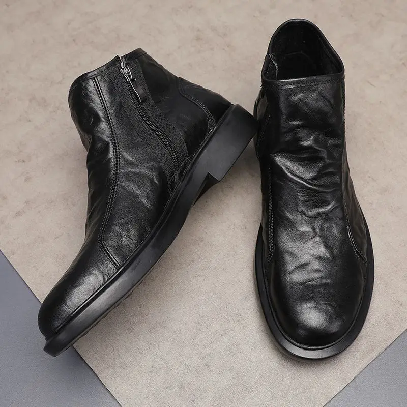 

Spring Autumn Black Leather with Zip Men's High Cut Boots Sale Low Price New Size 44 45 Vintage Designer Fashion Y2k Male Shoes