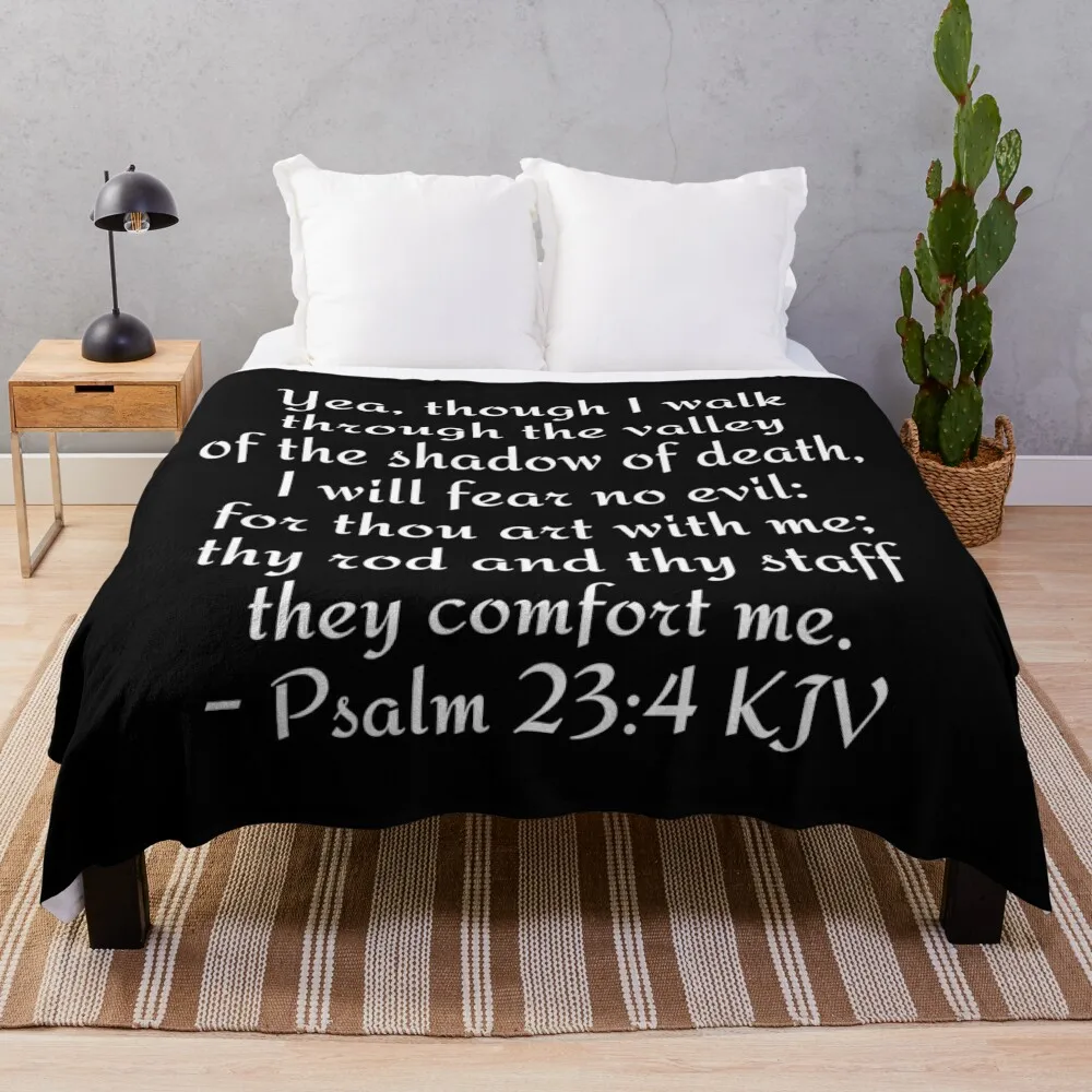 

Psalm 23:4 KJV - White Print Throw Blanket Portable Lightweight Blanket for Travel Camping