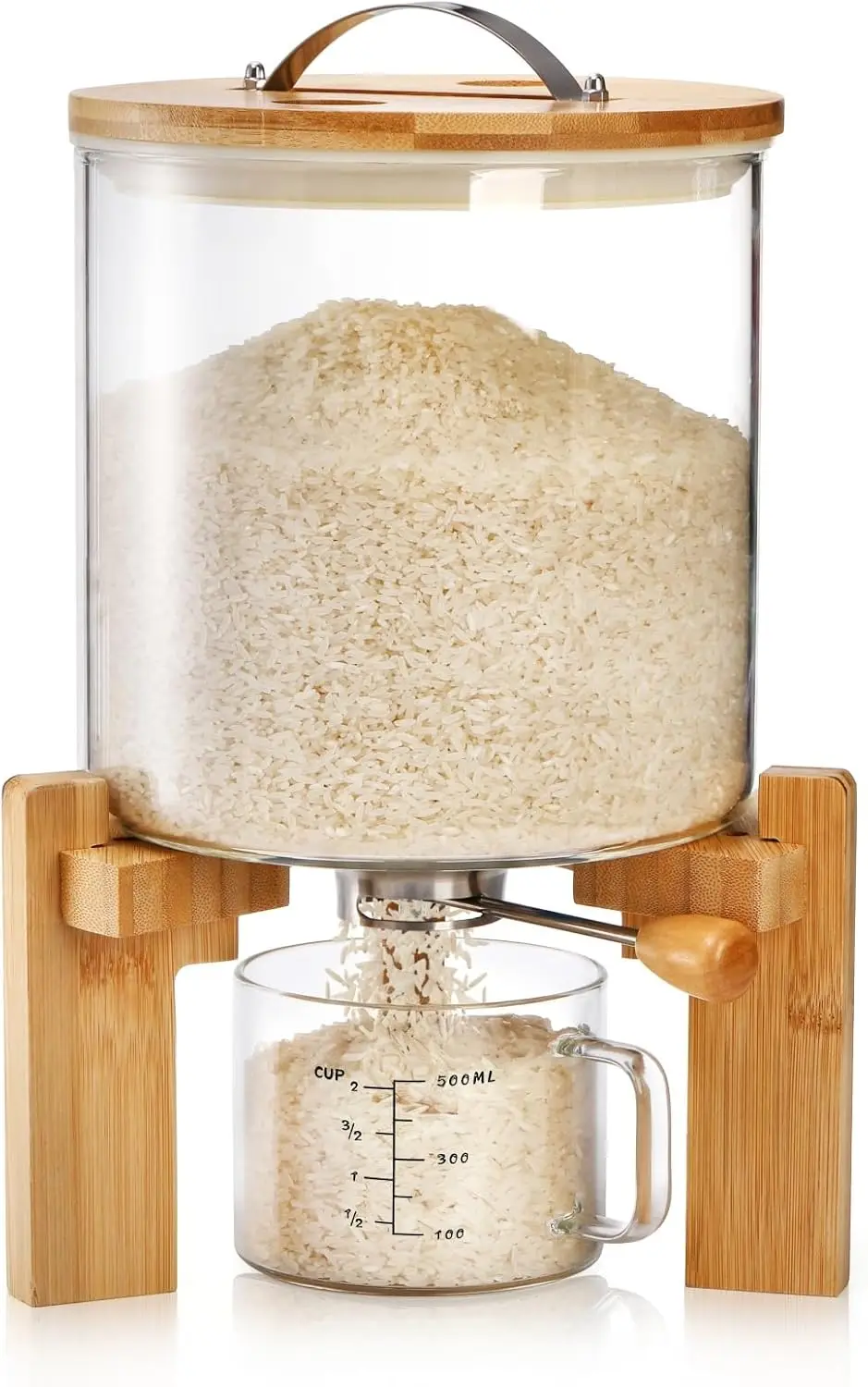Dispensador de Arroz de Vidrio de 5L con Soporte de Bambú, Recipiente Hermético para Almacenamiento de Alimentos, Granos, Café y Alimentos Secos