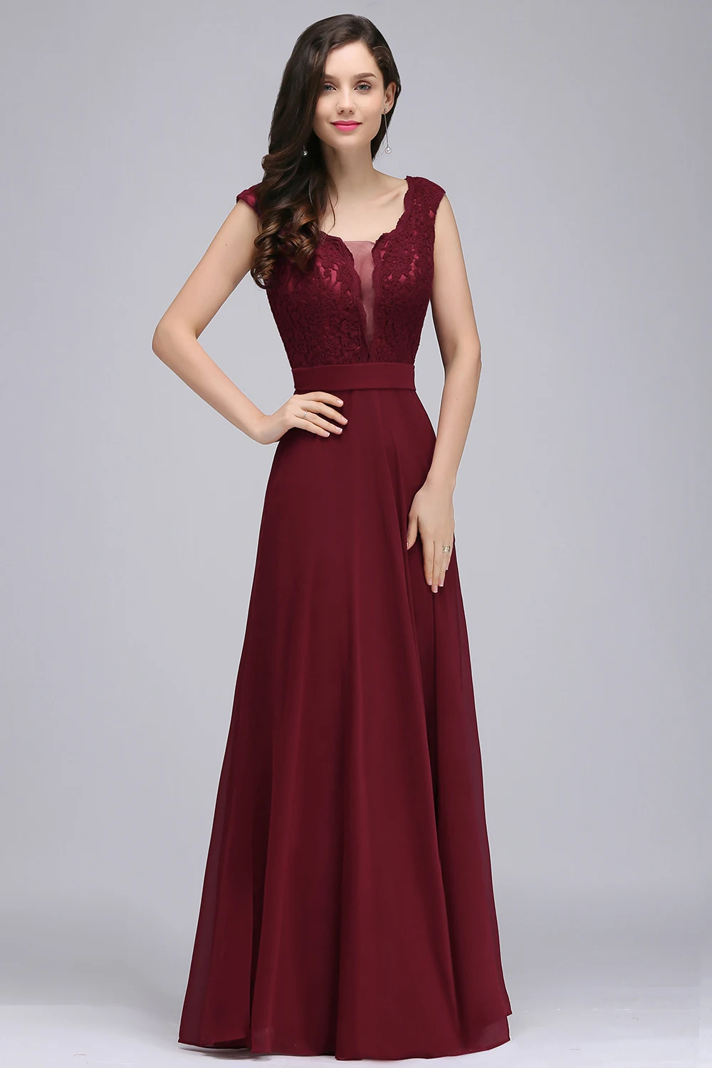 2024 Sexy Illusion O Neck Elegant Long Burgundy Evening Dresses Lace Sleeveless A-Line Chiffon Formal Party Prom Gowns Vestidos