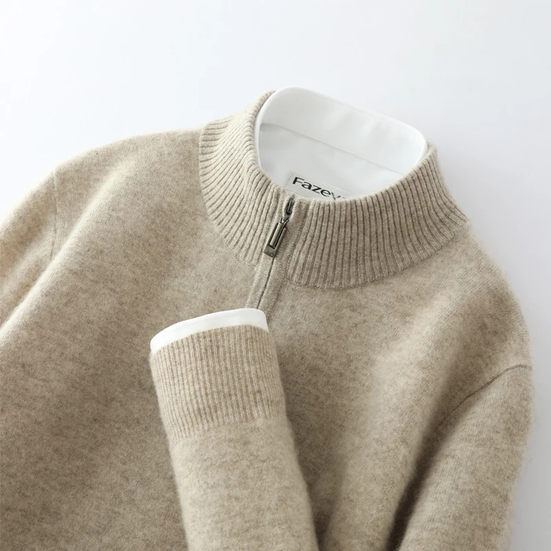 Men's 100% Goat Cashmere Half High Collar Zipper Pullover 2025 Spring Autumn New Knitted Base Sweater Business Casual Men's Wear