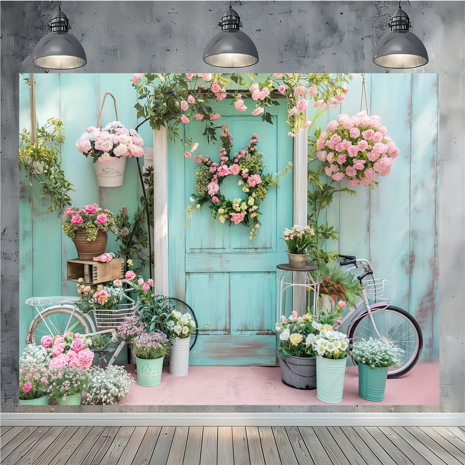 Blumenladen-Hintergrund, geeignet für die Porträtfotografie für Erwachsene. Fahrradblütenzweig rosa und grün Blumenfotografie Mata