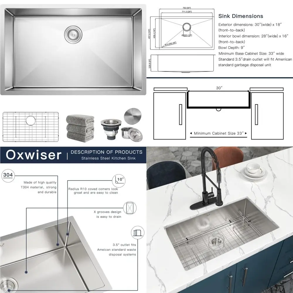 

Stainless Steel 16 Gauge 30x18 Inch Single Bowl Undermount Kitchen Sink Set with Bottom Grid and Accessories