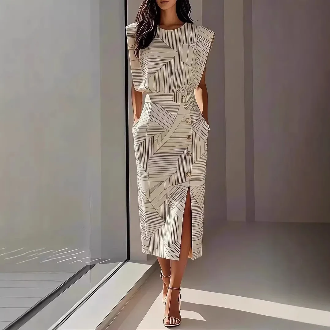 

Women's Geometric Printed Skirt Suit Fashion O Neck Sleeveless Tops High Waist A-line Split Skirts 2026 Summer Office Lady Sets