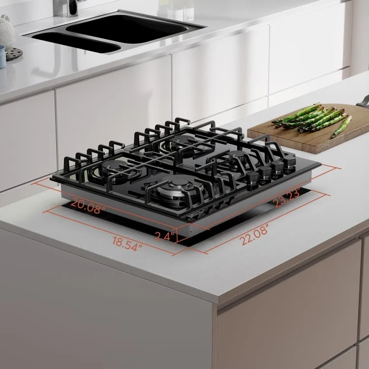 Kompor Gas Cooktop dengan 4 pembakar bersegel-tugas berat terus menerus-NG/LPG-permukaan kaca Tempered hitam