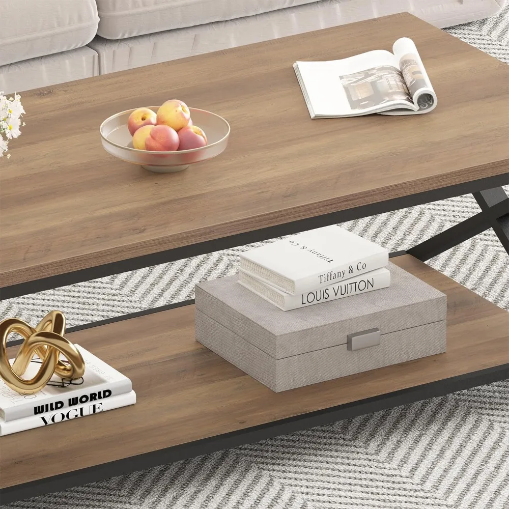 Rustic Wood Coffee Table, Modern Farmhouse Living Room Table, Minimalist Center Table with Storage & Display Shelf, 2 Tier Simp