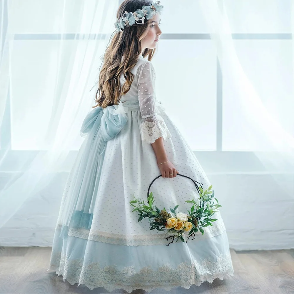 2024 Vintage Lace Girl Princess Dress Wedding Bridesmaid Dresses for Children Tulle Elegant Trendy Clothing Girls Evening Gown