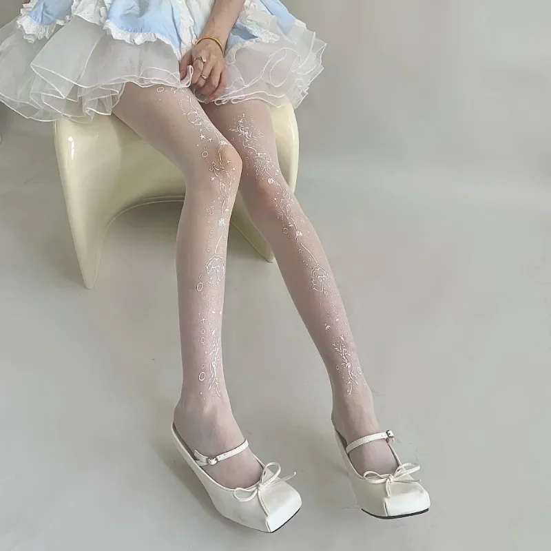 1 Pair of Ocean Print White Stockings Pure Desire Cute Socks Women's Spring and Summer Thin White Stockings