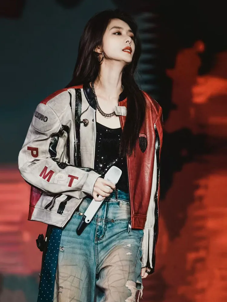 Loose Street Style Red Racing Motorcycle Wind Short Jacket Women's Zipper PU Leather Coat Casual Fashion Spring Outerwear