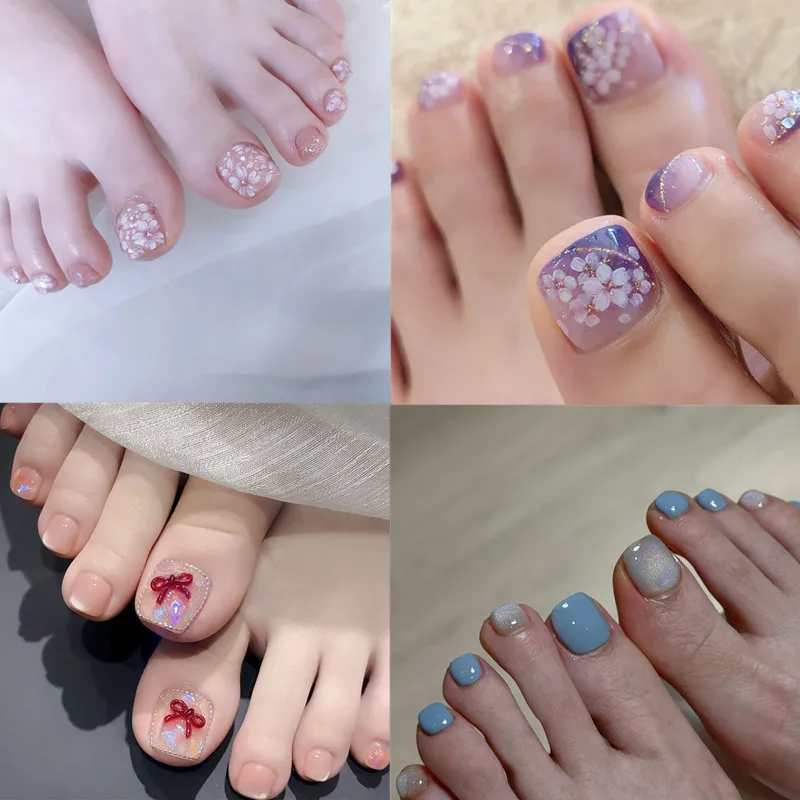 

24pcs Cute Bear and Cat Toenail Finished Wearable Simple Colorful Full Cover Tips Fake Nails Press on Feet Decor False Nails