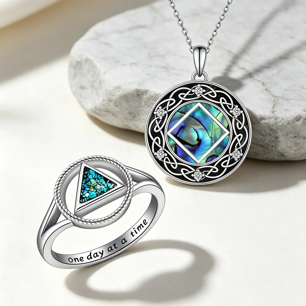 AA Sobriety 2‑Pack Jewelry Set Abalone Shell Celtic Knot Pendant Necklace Turquoise Triangle Ring Recovery Gift for Men Women