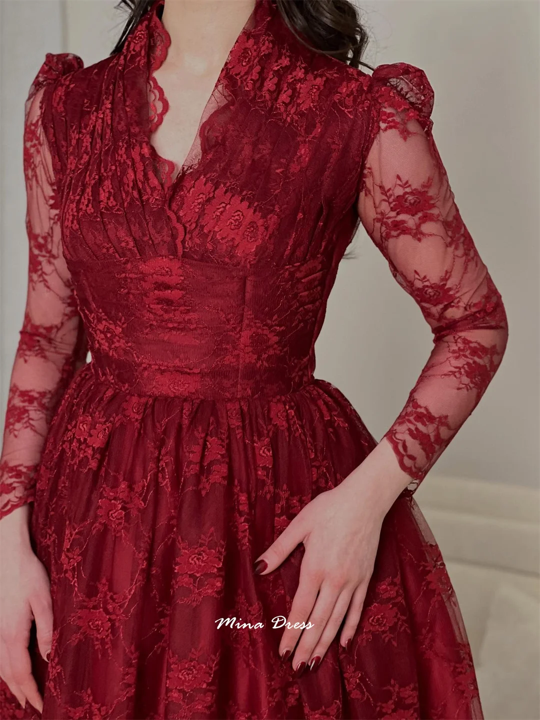 

Mina Customized Wine Red Evening Dress Luxury Elegant Party Dresses Woman Embroidery. Long Sleeves V-neck Special Occasions Prom
