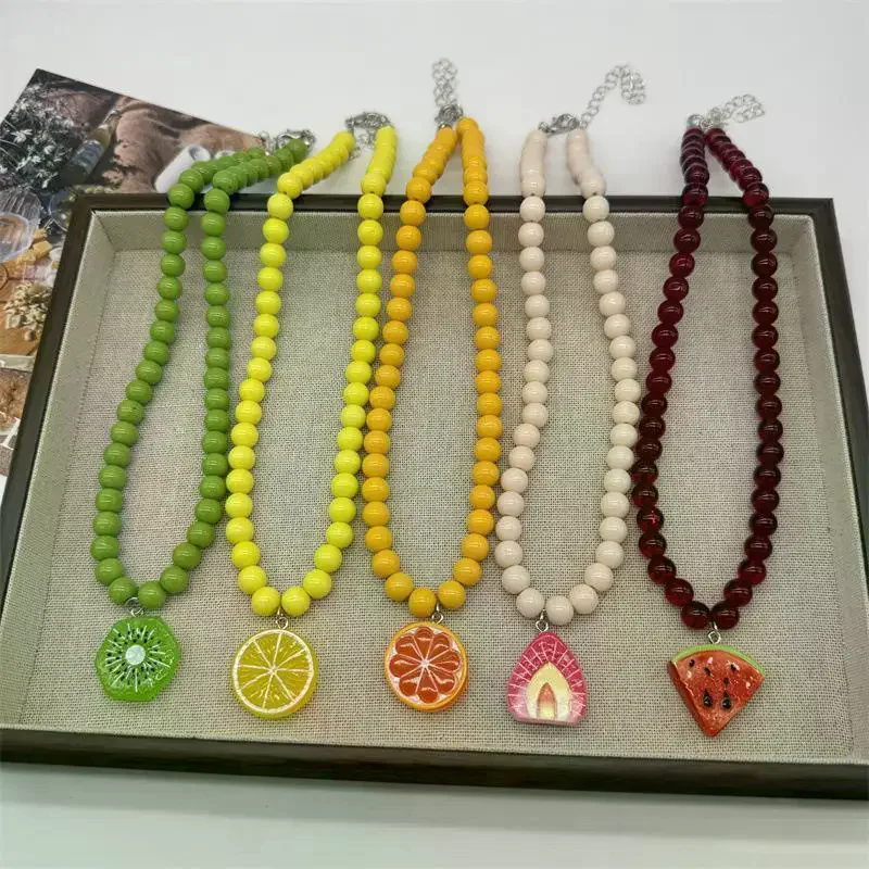Various Fruit Pendant Necklace For Girl Women Handmade Rice Beads Bohemian Choker Watermelon Lemon Strawberry Jewelry