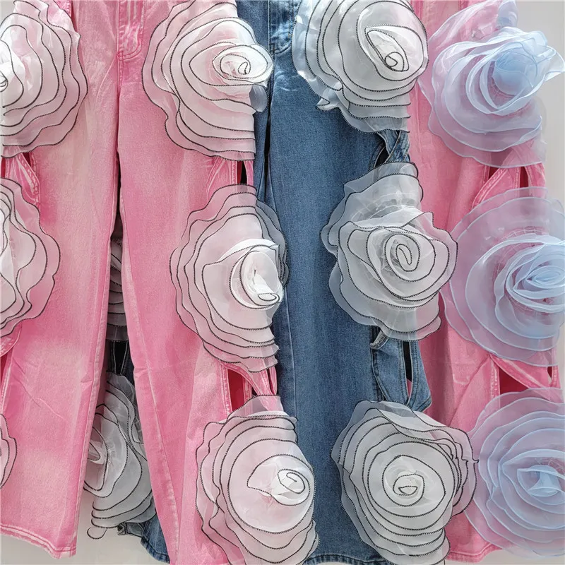 Jeans mit großem Blütenblatt-Hohldesign auf der Seite, Damen-Frühlings- und Sommerneue, hoch taillierte, lockere und dünne, vielseitige Hose mit weitem Bein