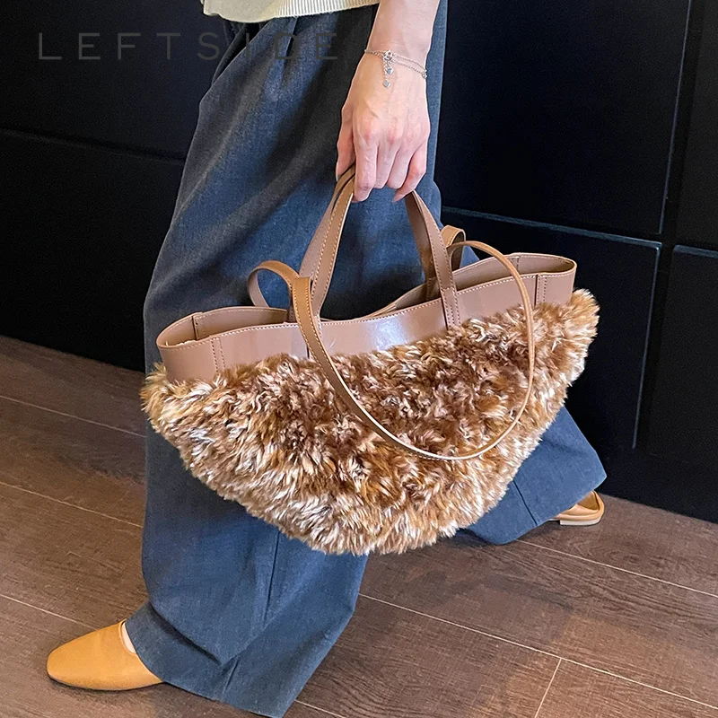 LEFTSIDE Soft Faux FurSpliced Half Moon Tote Bag 2026 Winter New Trend Large Capacity Women Shoulder Bags Female Handbags