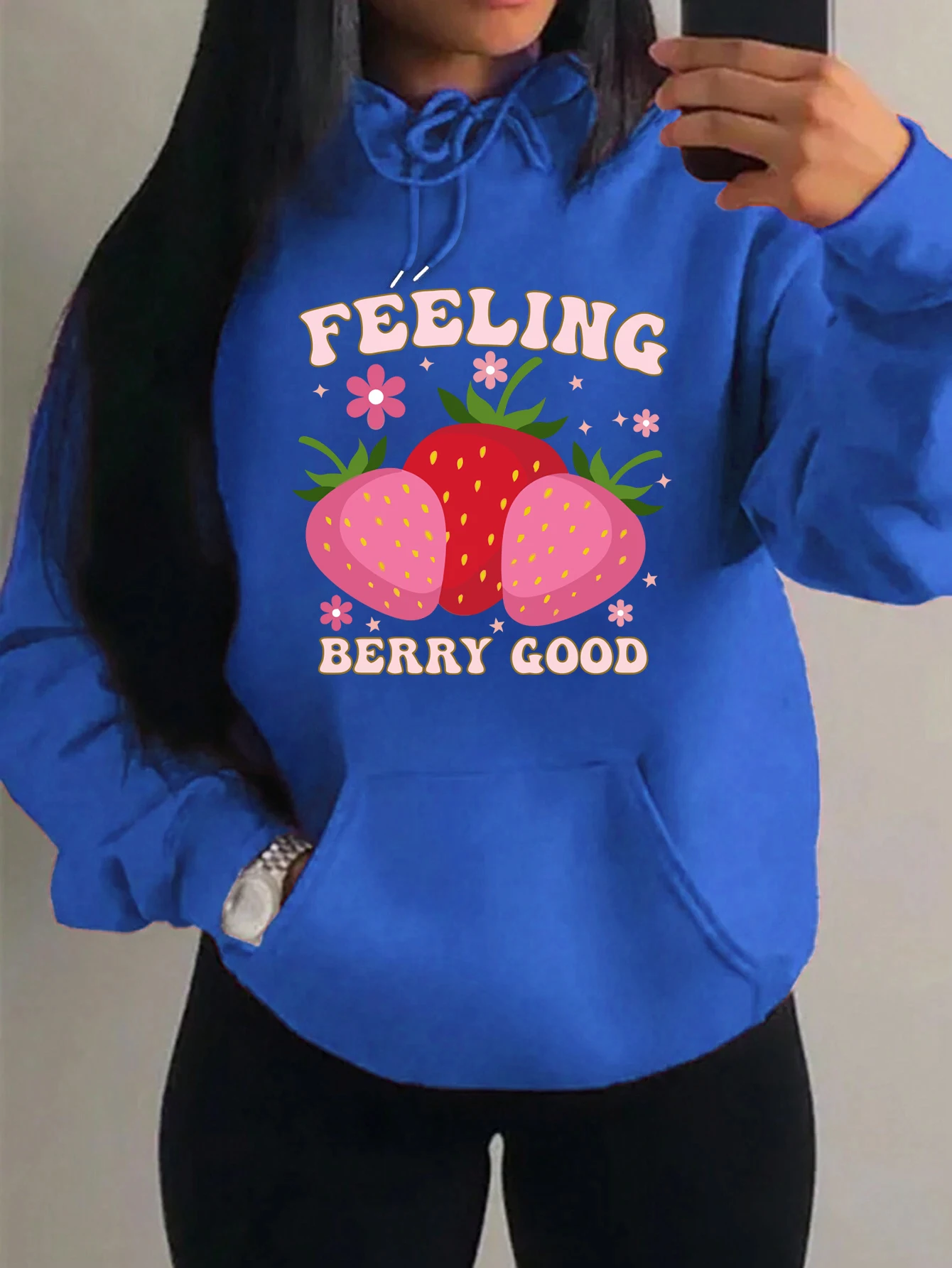 Feeling Berry Good Cartoon Strawberry Printed Women Hoodies Fashion Loose Hoody Casual Fleece Y2K Womenswear Harajuku Soft Top