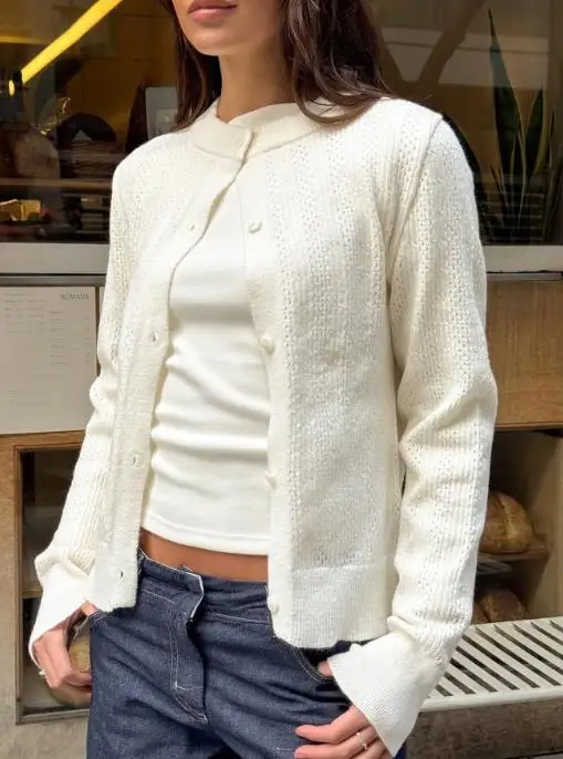 

Осенний однотонный вязаный кардиган с круглым вырезом для женщин, элегантная и повседневная короткая тонкая вязаная куртка